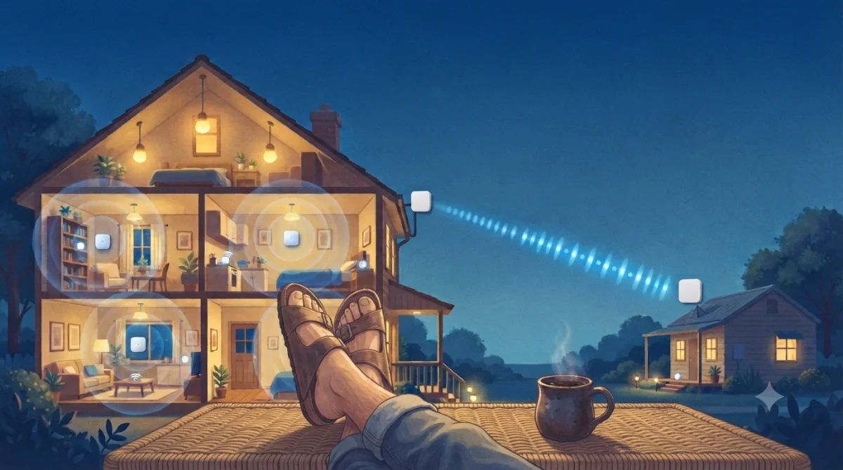 Illustration of a point-to-point wireless bridge extending Wi-Fi coverage from a house to a small building at the far end of an acreage property, full size