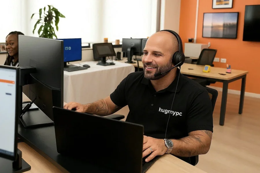 hugmypc technician wearing a headset providing remote computer support