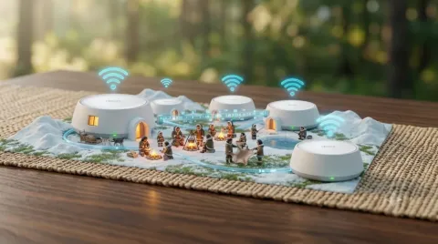 Illustration of TP-Link Deco mesh Wi-Fi units spreading coverage evenly across a home