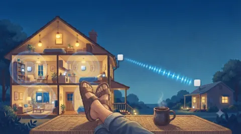 Illustration of a point-to-point wireless bridge extending Wi-Fi coverage from a house to a small building at the far end of an acreage property